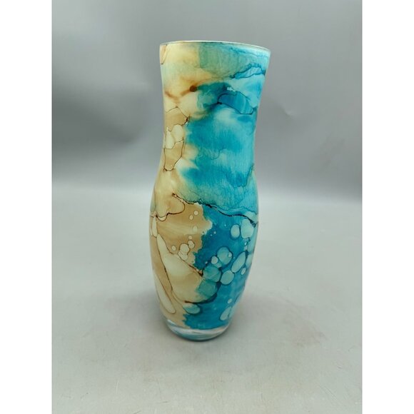 Handcrafted Glass Vase With Abstract Blue & Beige Watercolor Design 9.5x3" READ - Picture 2 of 4